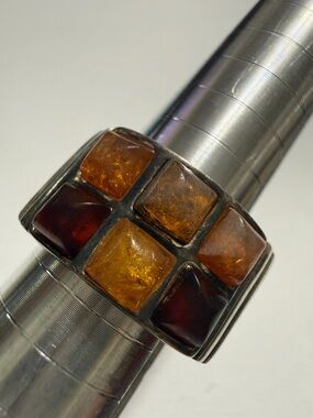 Sterling Silver 925 Amber Inlay Ring Multi Amber Tones